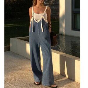 Dark Wash Wide Leg Pockets Denim Jeans Bib Jumpsuit